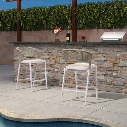 Front. PURPLE LEAF - Outdoor Bar Stool Set of 2 Rattan Bar Stools with Back Metal Bar Height Stool Outdoor Bar Chair for Garden Kitchen - White-Counter Height.