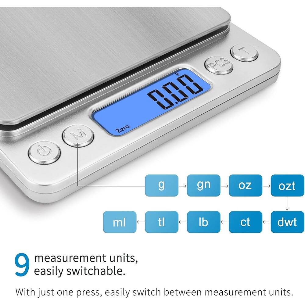9 measurement units, easily switchable.  
With just one press, easily switch between measurement units.  
M g gn oz ozt ml tl lb ct dwt