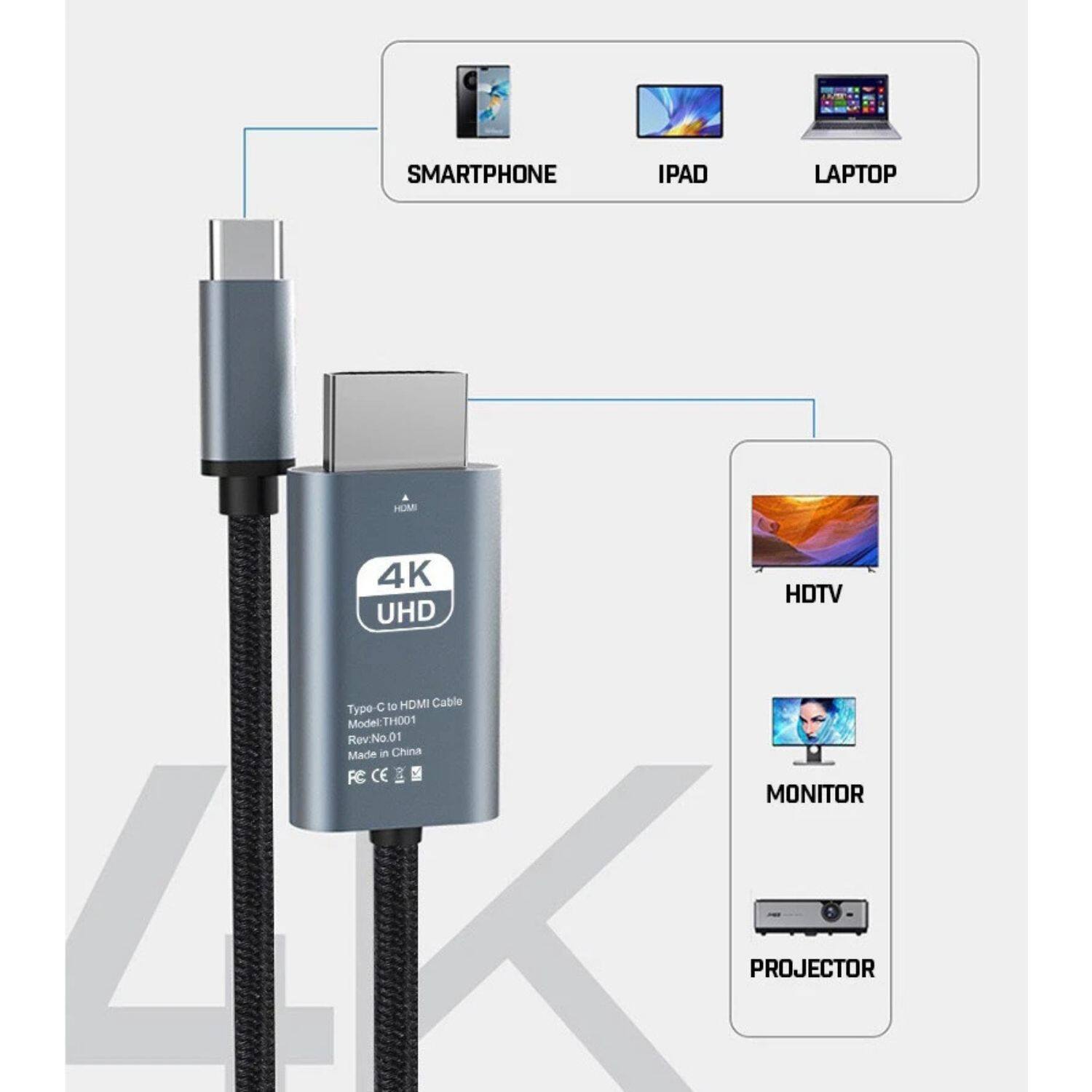 SMARTPHONE IPAD LAPTOP  
4K UHD  
HDTV  
MONITOR  
PROJECTOR  

Type: C to HDMI Cable  
Model: TH001  
RevNo.01  
Made in China  
FC CE 3 IS8
