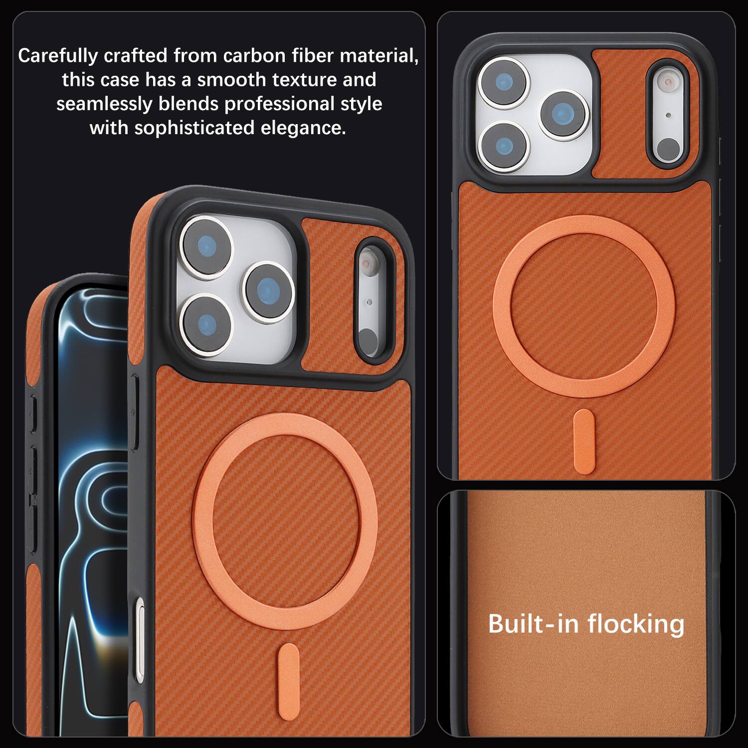 Carefully crafted from carbon fiber material, this case has a smooth texture and seamlessly blends professional style with sophisticated elegance. Built-in flocking