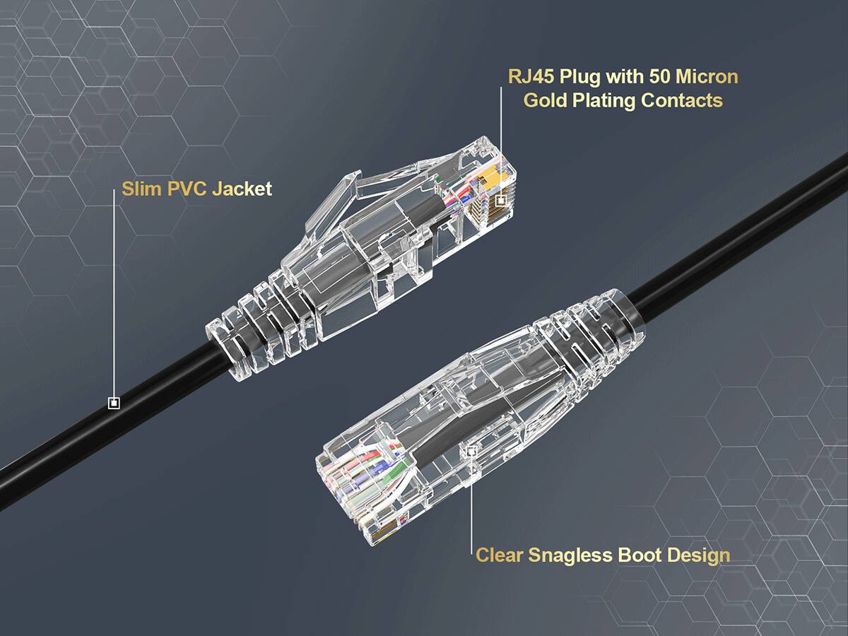 RJ45 Plug with 50 Micron Gold Plating Contacts  
Slim PVC Jacket  
Clear Snagless Boot Design