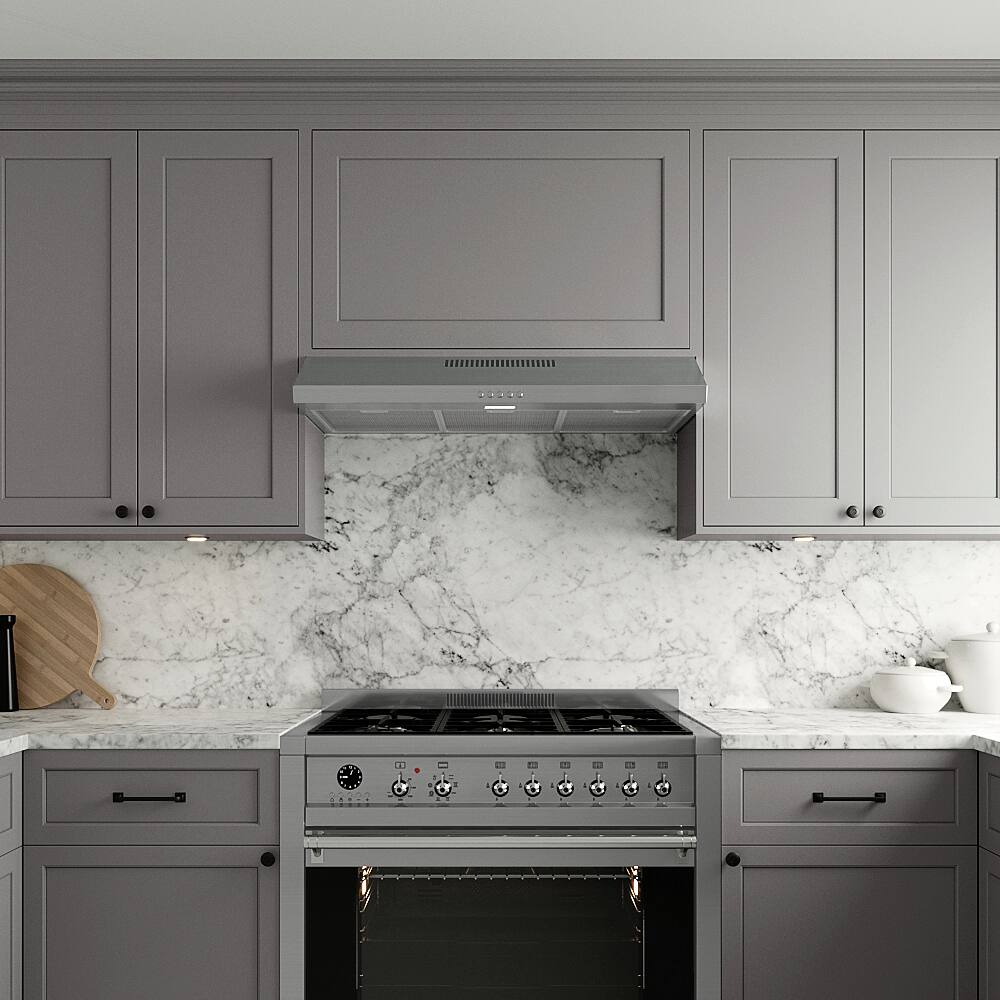 Left. Streamline - 36 in. Macerata Ductless Undermount 80 CFM Range Hood, Mesh Filters, Push Button Control, LED Light - Brushed Stainless Steel.