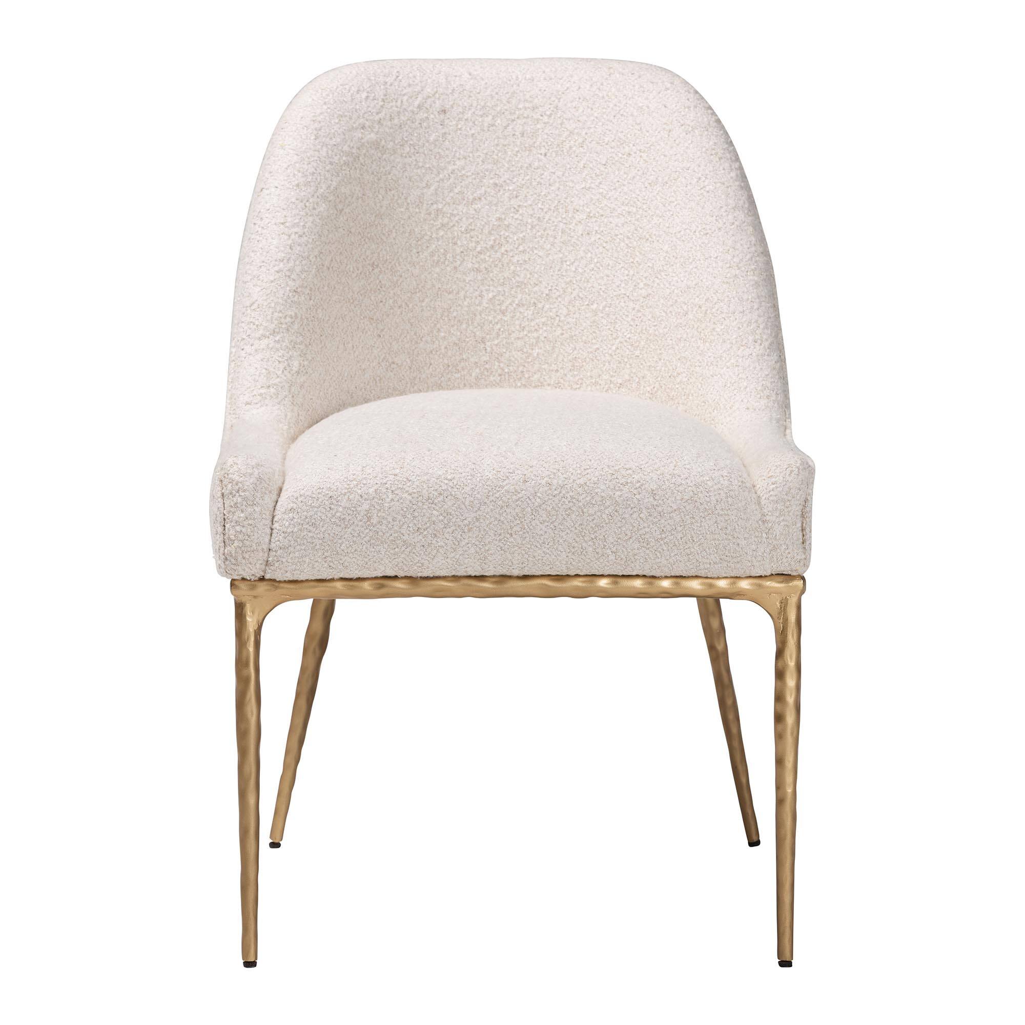 Angle. Baxton Studio - Nalima Dining Chair - Modern Boucle Accent Side Chair with Hand-Forged Metal Frame and Wingback Seat - Ivory/Gold.