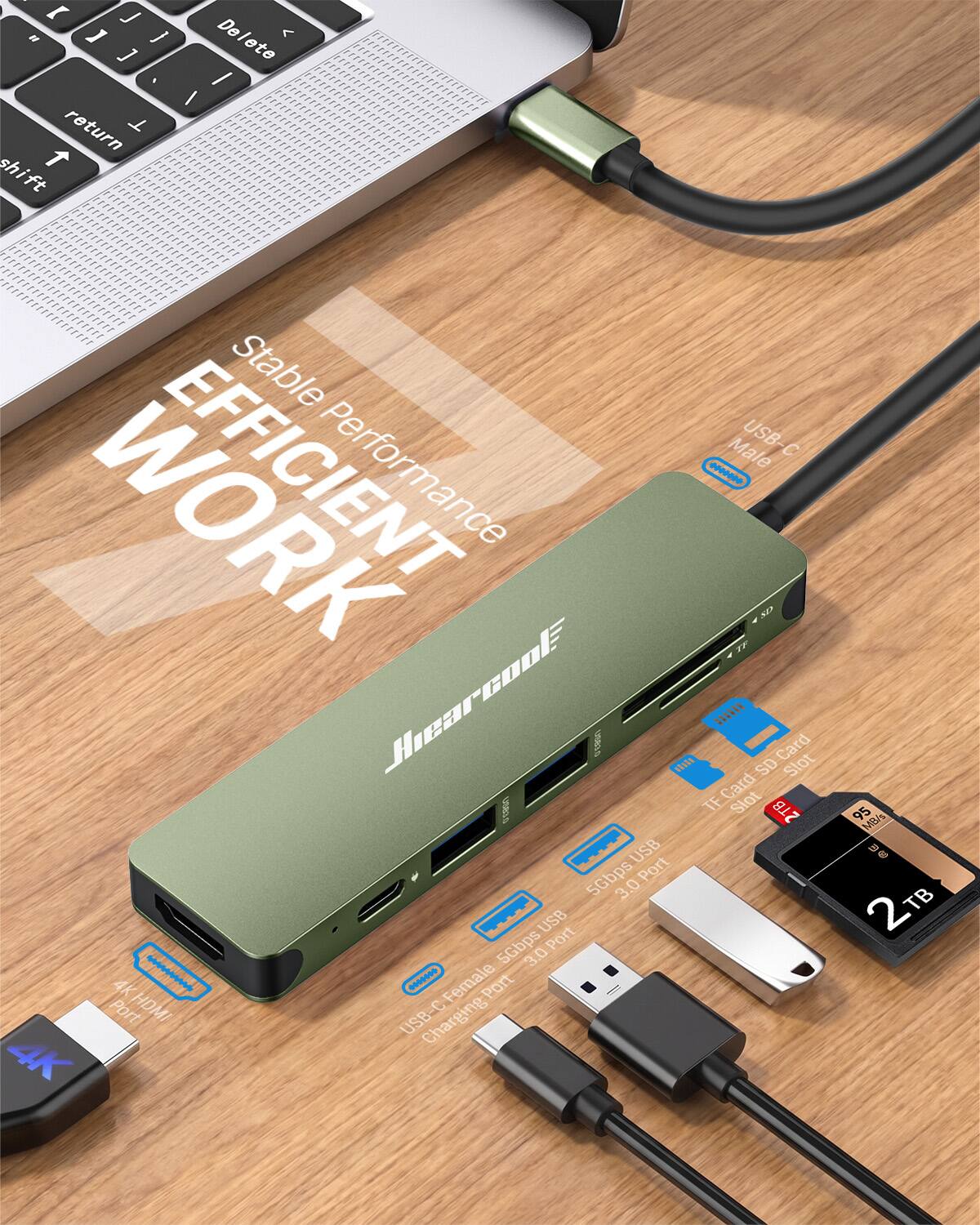 J " I Delete Del ] , - I return T shift ft Stable EFFICIENT Performance Hiearcools 19938 0188911 USB 5Gbps Port 3.0 USB 5Gbps Port 3.0 4K ....... Female Port Port HDMI USB-C Charging 4K
Male USB-C 4 SD Card Slot SD TF Card Slot 2TB
95 MB/s 2 TB