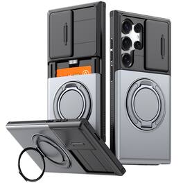 UUCOVER - Card Wallet Case for Samsung Galaxy S23 Ultra with Sliding Camera Lens Cover, Magnetic Ring Kickstand, Shockproof Shell - Gray