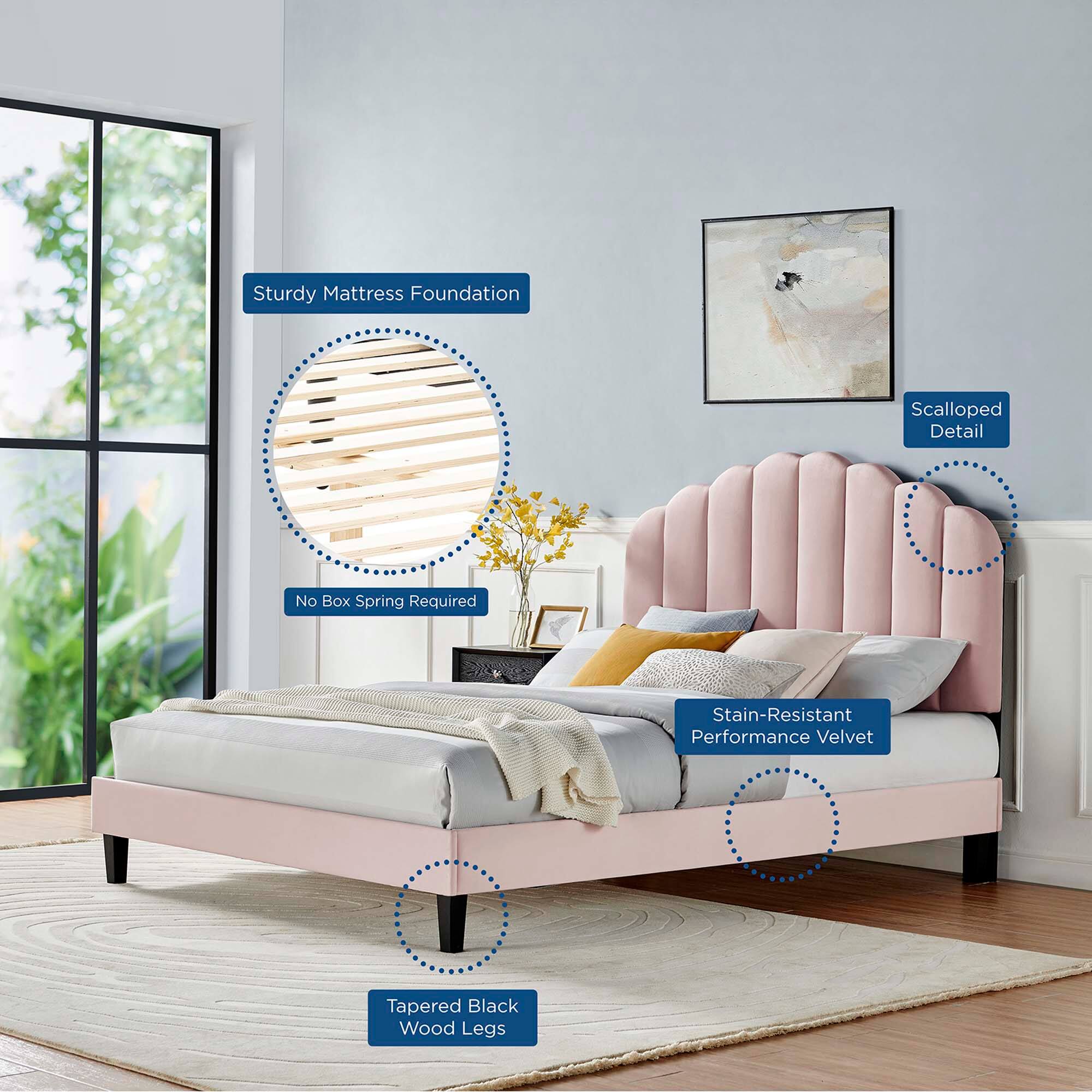 - Sturdy Mattress Foundation
- No Box Spring Required
- Scalloped Detail
- Stain-Resistant Performance Velvet
- Tapered Black Wood Legs