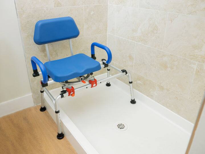 Alt View 6. iLIVING - ILG-668 Tub Transfer Bench Shower Chair with Swivel Padded Seat, Pivoting Arms, Adjustable Height, for Seniors - Blue.