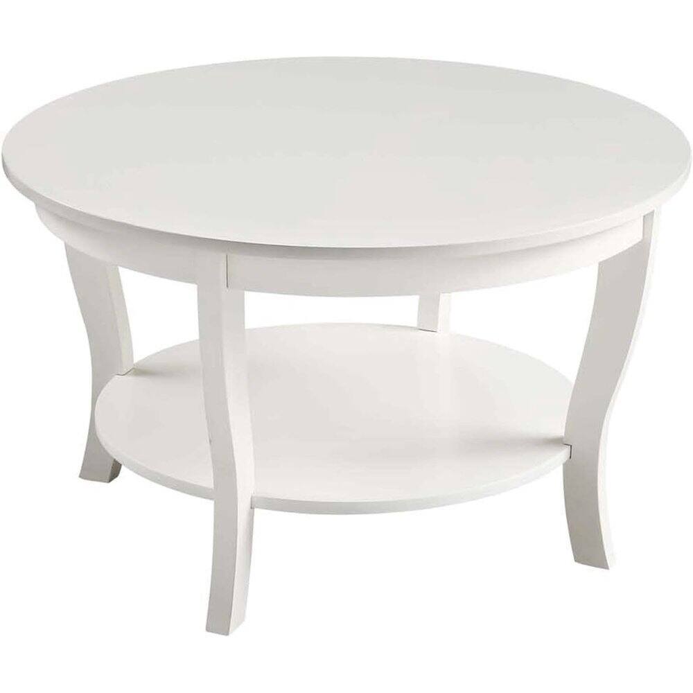 Angle. FurniFact - White Round Coffee Table with Shelf, MDF and Solid Rubberwood Construction - White.