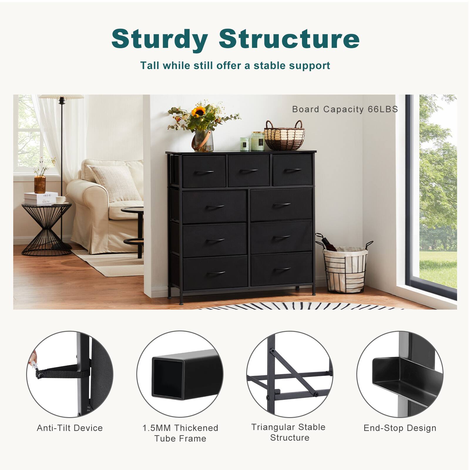 Sturdy Structure  
Tall while still offer a stable support  

Board Capacity 66LBS  

Anti-Tilt Device  
1.5MM Thickened Tube Frame  
Triangular Stable Structure  
End-Stop Design