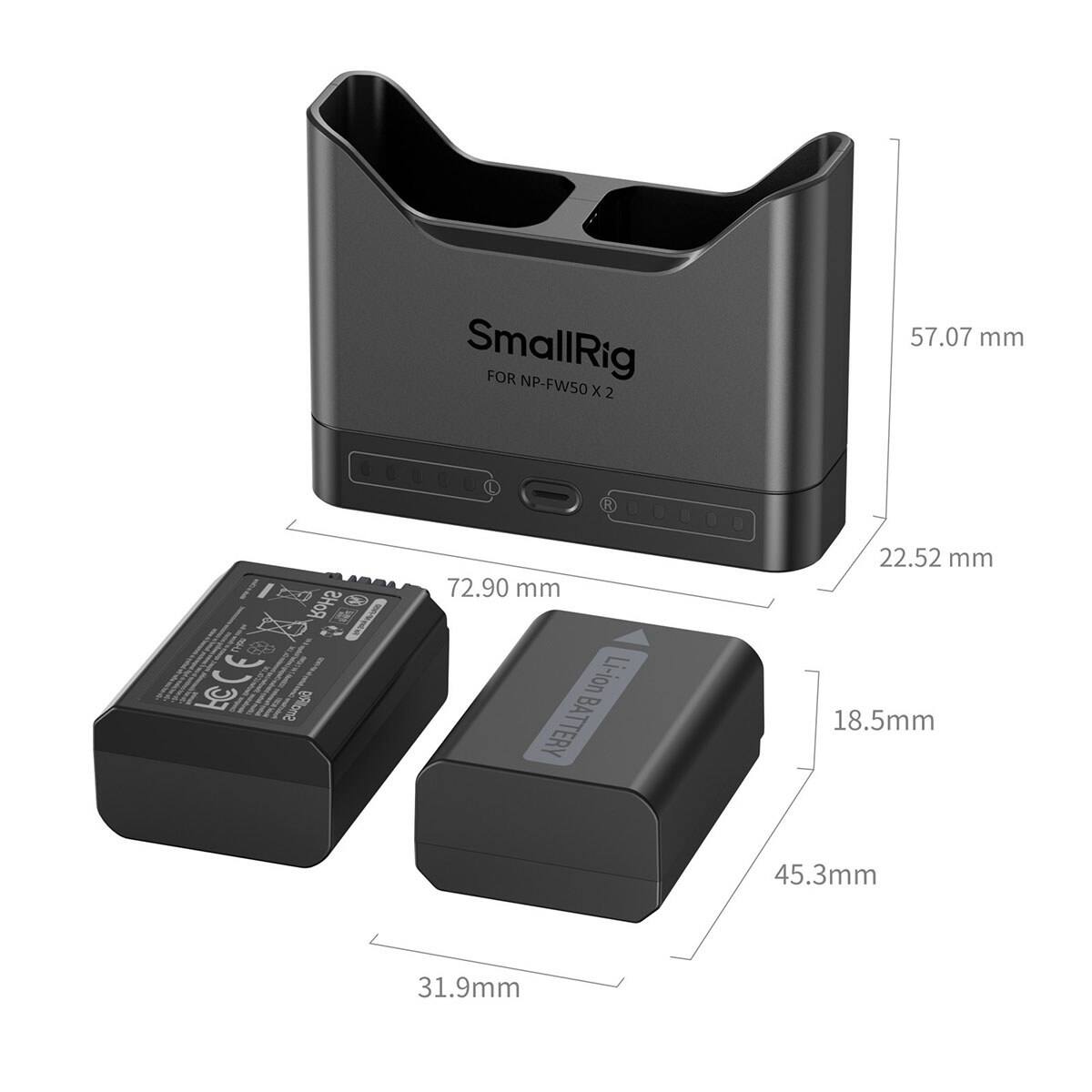 SmallRig FOR NP-FW50 X2

57.07 mm

ROHS FCCE

72.90 mm Li-ion BATTERY

22.52 mm

18.5mm

45.3mm

31.9mm