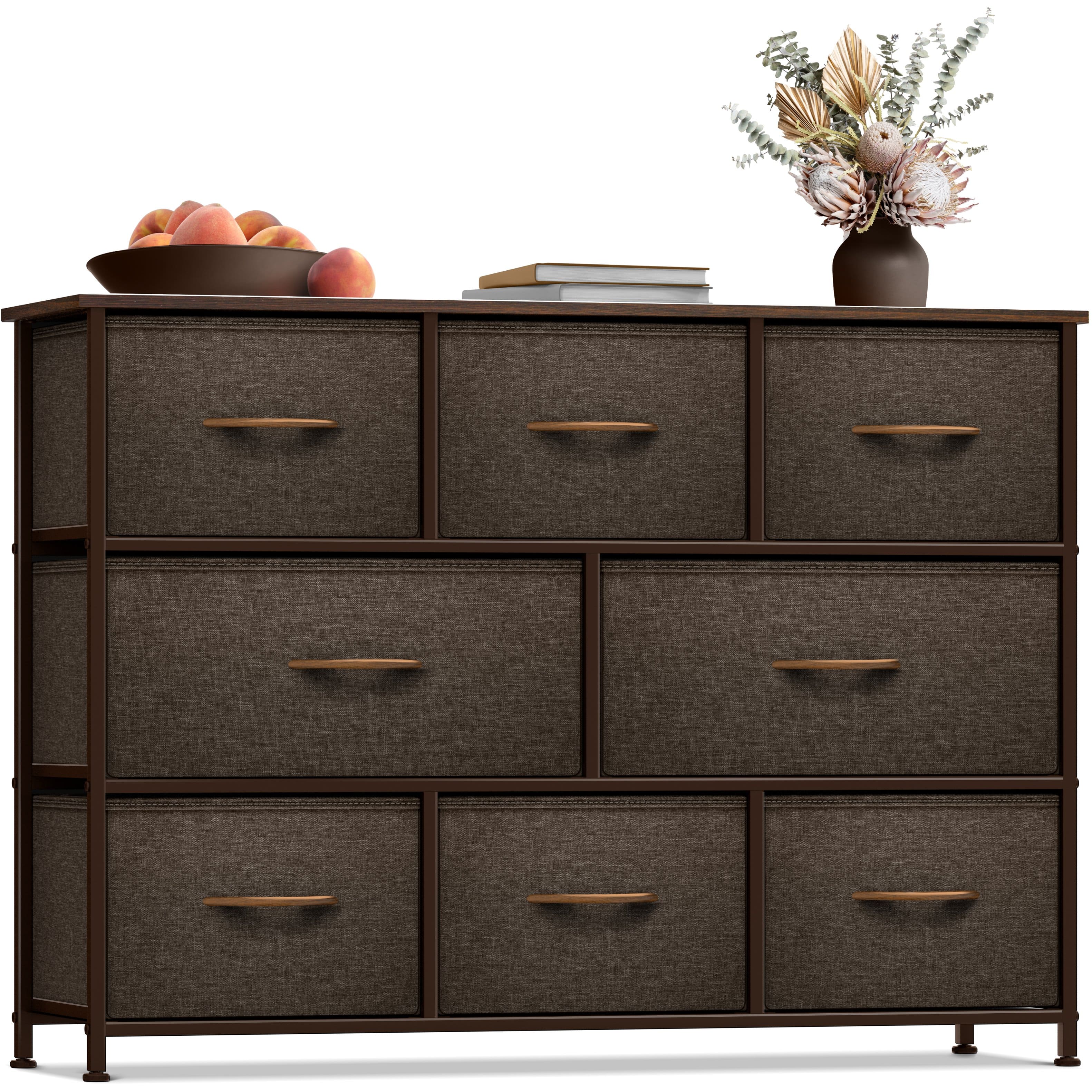 Sorbus - 8 Drawers Wide Dresser - Organizer Unit with Steel Frame, Wood Top, and Handle, and Fabric Bins - Brown