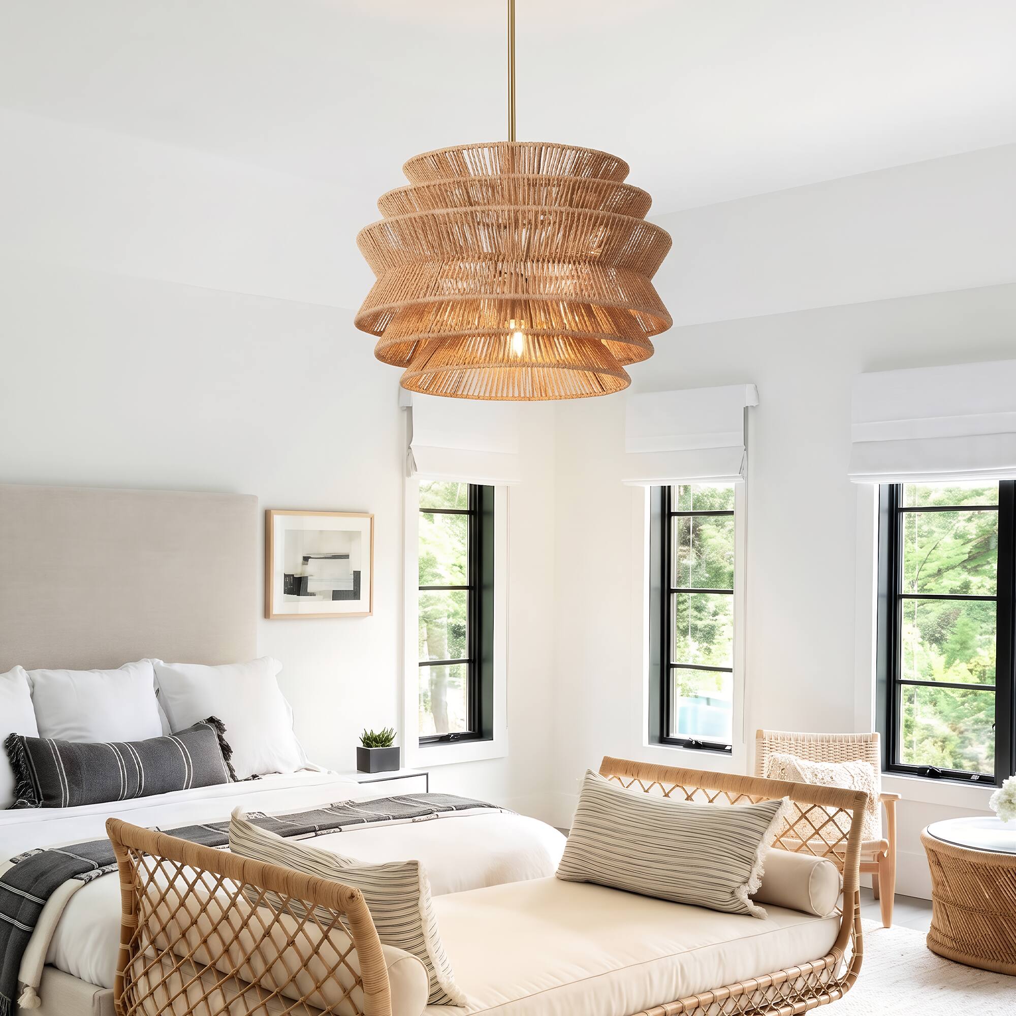 Angle. Malletson - 17.3" Rattan Pendant Light, Handwoven Wicker Chandelier, Layered Drum Shade Ceiling Fixture for Kitchen Island & Dining.