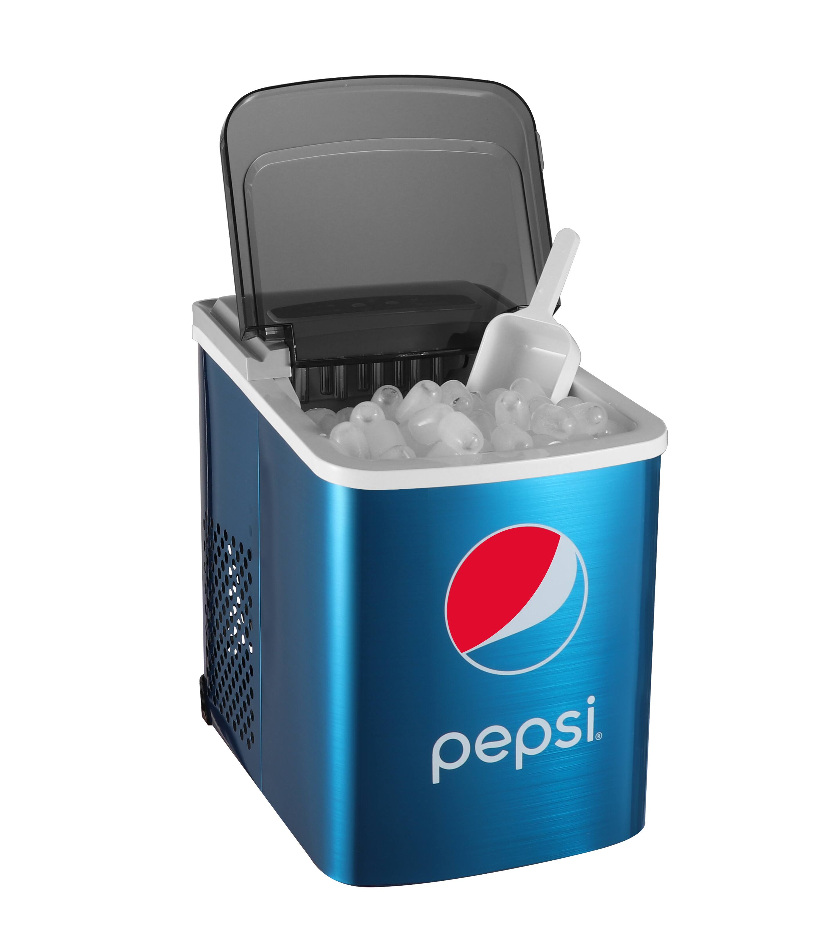 Angle. Pepsi - Pepsi 26 Lbs. Stainless Steel Ice Maker, Built In Bottle Opener, Blue, ICE147-PEP.