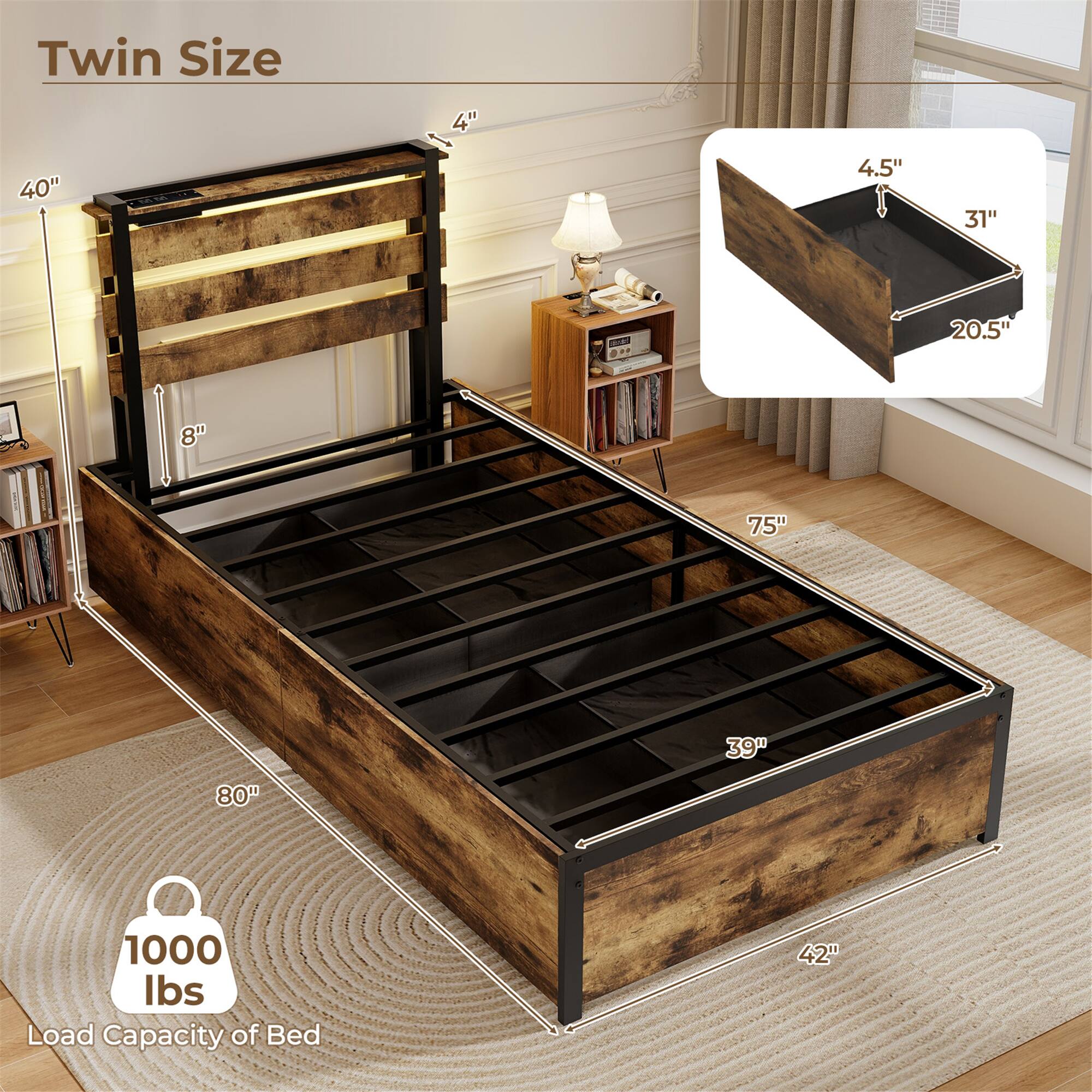 Twin Size

40"  
4"  
8"  
75"  
80"  
39"  
42"  
4.5"  
31"  
20.5"  

1000 lbs  
Load Capacity of Bed