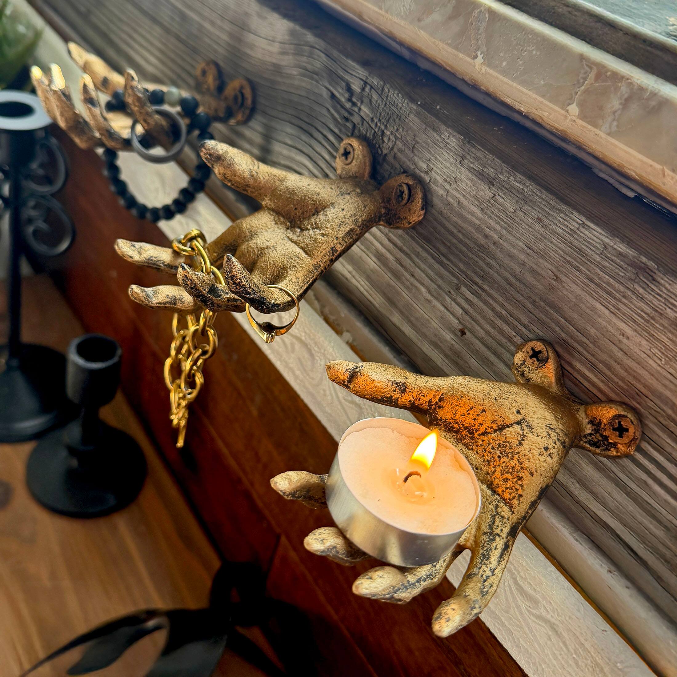 Alt View 4. Zeckos - Set of 3 Creepy Hand Wall Hooks Antique Gold Cast Iron Gothic Decor - Gold.