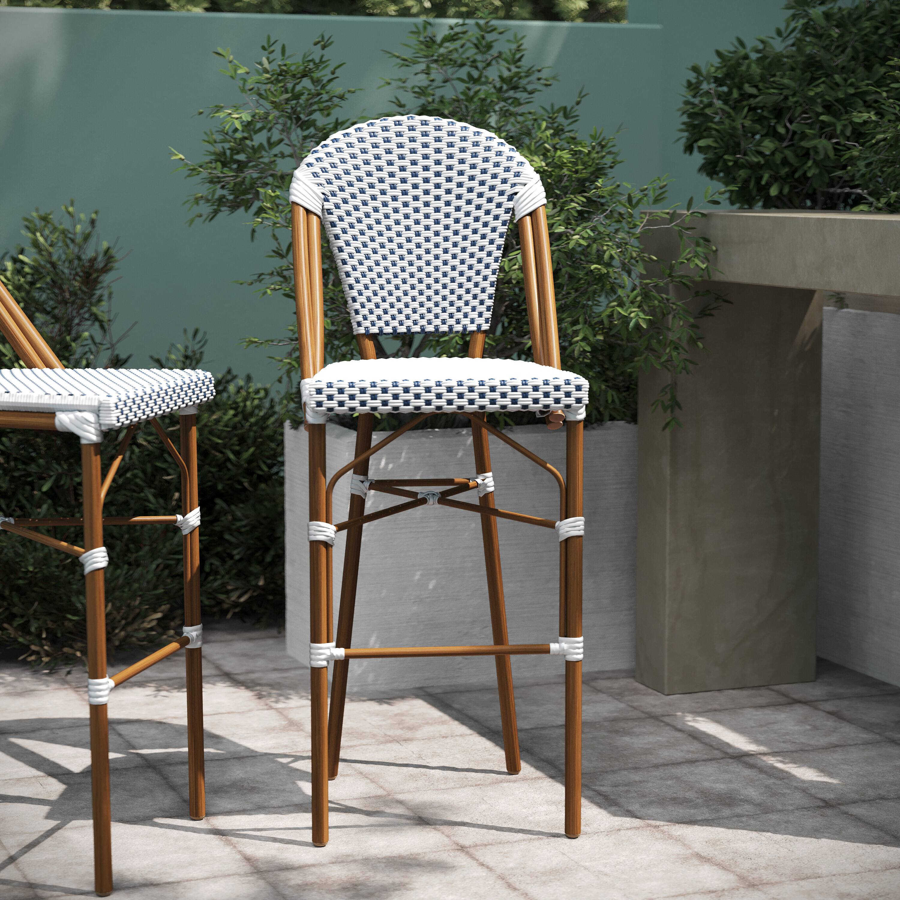 Alt View 5. Emma + Oliver - Colmar Set of Two Indoor/Outdoor 30" High Stacking Bistro Counter Stools with Patterned Seat and Back and Metal Frames - White & Navy/Natural Frame.