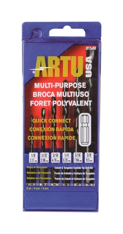 01540 ARTU USA MULTI-PURPOSE BROCA MULTIUSO FORET POLYVALENT QUICK CONNECT CONEXION RAPIDA CONNEXION RAPIDE  
1/8 3.17  
5/32 3.96  
3/16 4.76  
1/4 6.35  
5/16 7.94  
3/8 9.52  
Rotary or Percussion Cobalt & Tungsten Carbide Tip Drill Bit  
Rotatorio o de Percusion Punta de Cobalto y Carburo de Tungsten  
Rotative ou a Percussion Pointe de Cobalt et Carbure de Tungsten  
6 pc. 6 pza. 6 pcs.