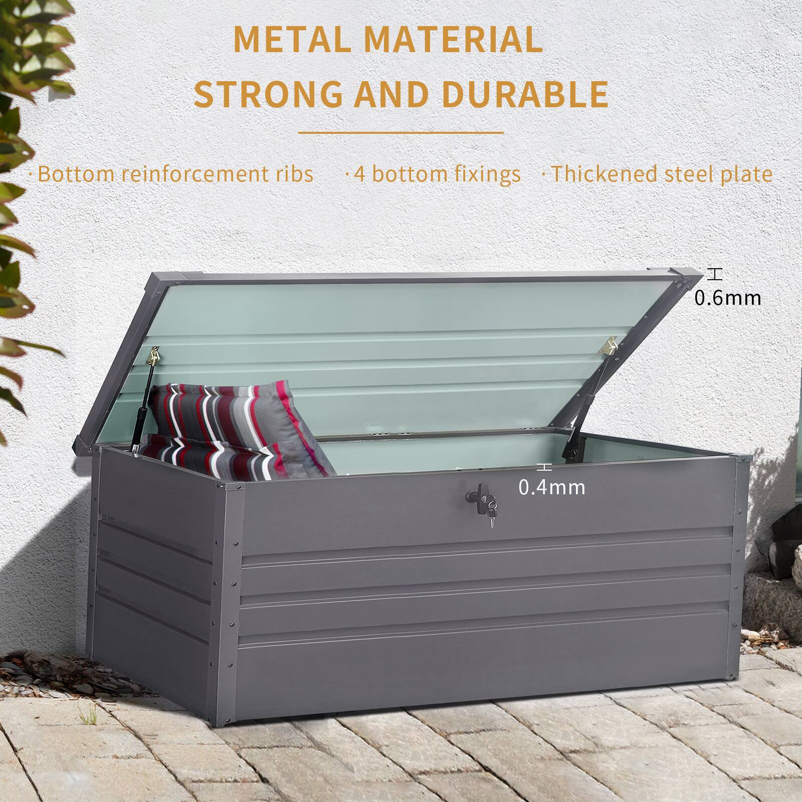 METAL MATERIAL  
STRONG AND DURABLE  

- Bottom reinforcement ribs  
- 4 bottom fixings  
- Thickened steel plate  

0.6mm  
0.4mm