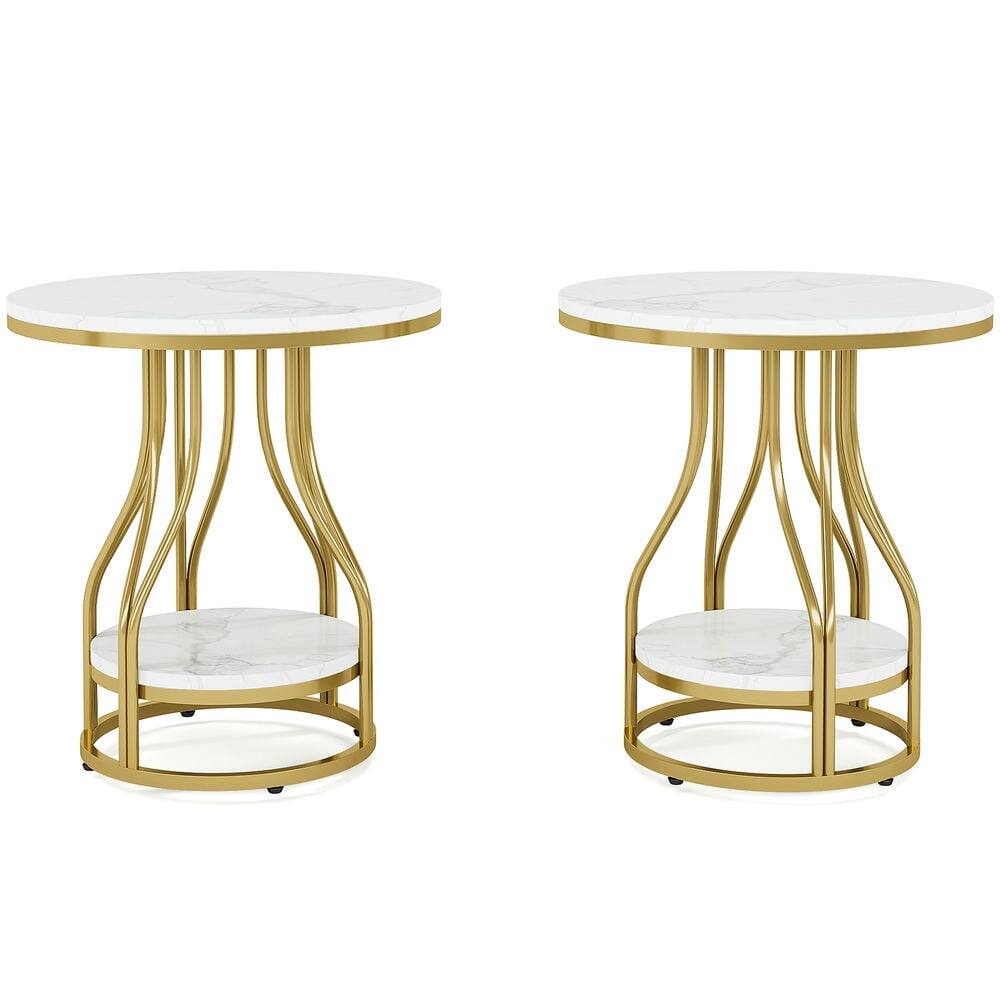 Alt View 2. Kadyn - Kadyn Sofa Side End Table, End Table, Couch Table,2-Tier End Table, Round Sofa Side Table with Metal Frame,White & Gold - White.