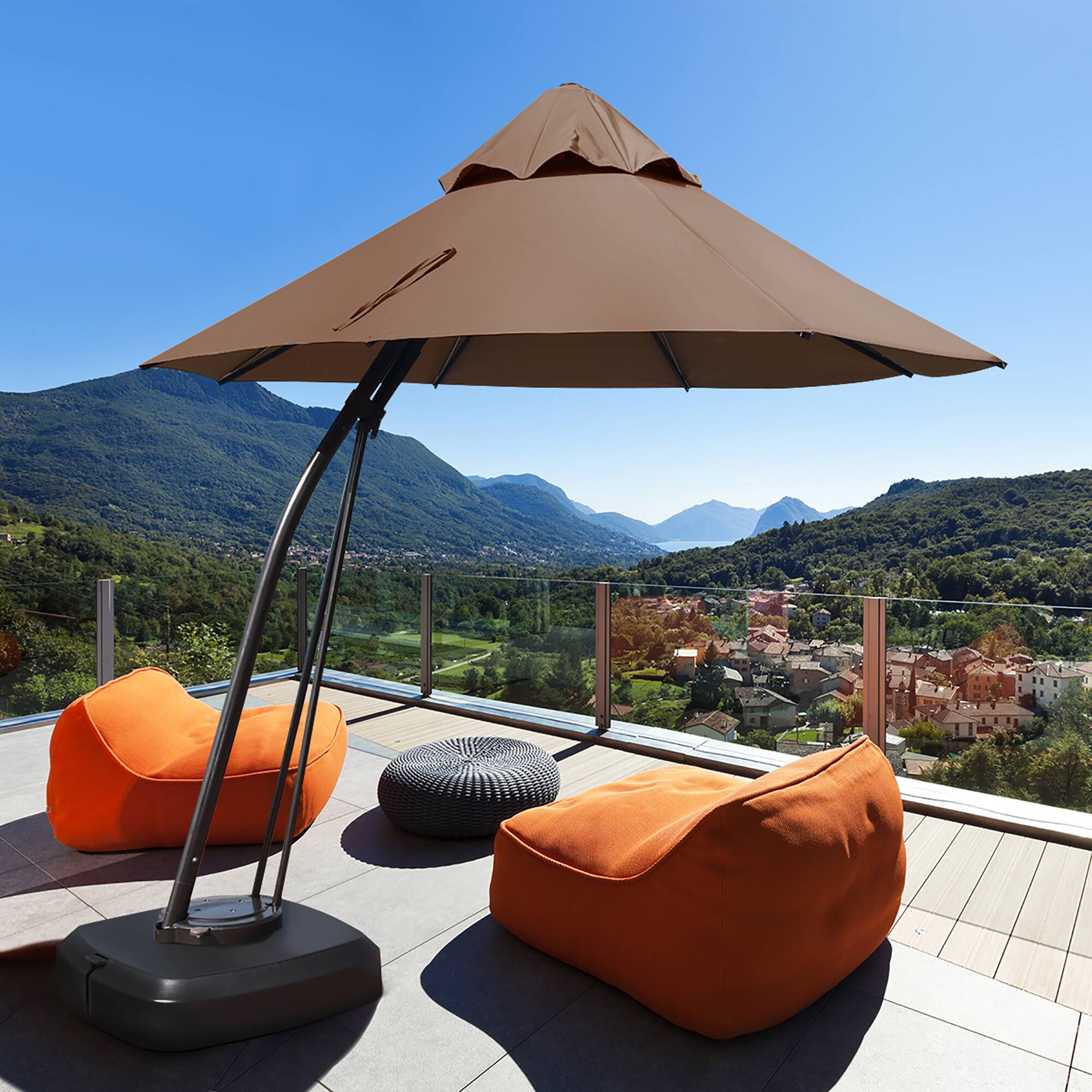 11 Feet Outdoor Cantilever Hanging Umbrella with Base and Wheels Tan