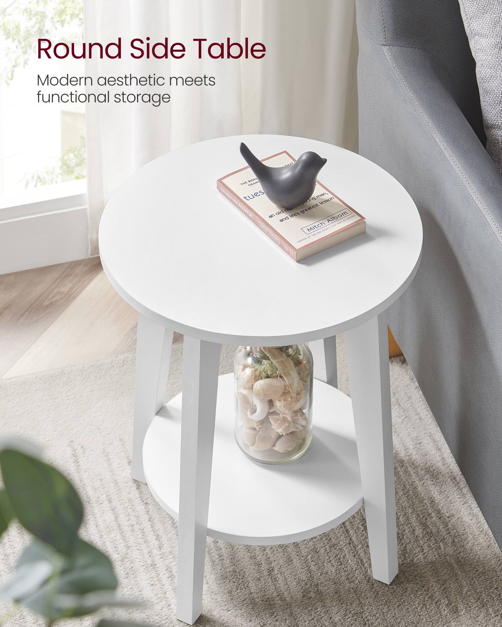 Round Side Table  
Modern aesthetic meets functional storage  

RUT 1m tues B, d RESSon n CAd  
ies greatent -1 Albom --.  
and - Mitch - RMA 1 - -