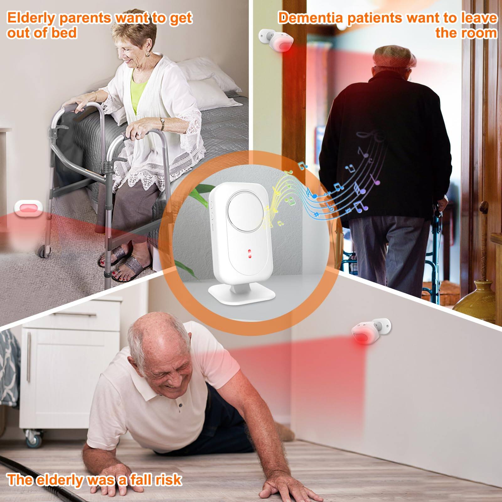 Elderly parents want to get out of bed

Dementia patients want to leave the room

The elderly was a fall risk