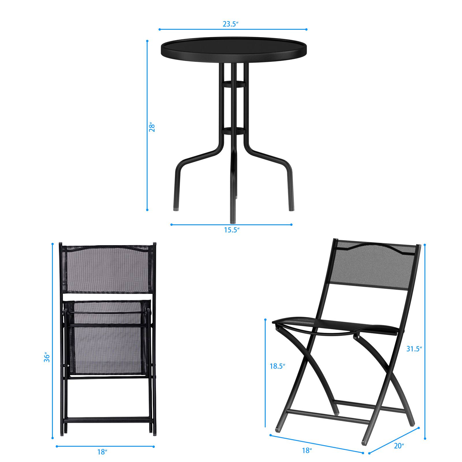 - Table: 23.5" diameter, 28" height, 15.5" depth
- Shelf: 18" width, 36" height
- Chair: 18.5" width, 31.5" height, 18" seat height, 20" depth