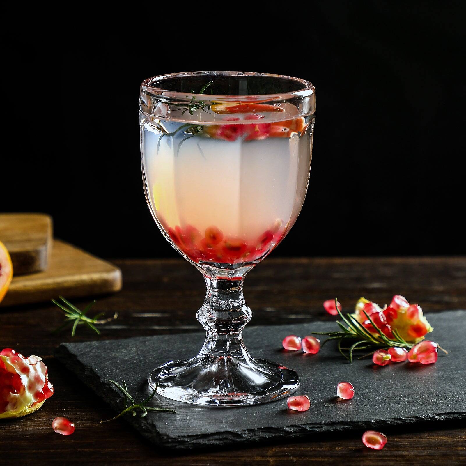 Angle. BreeBe - Vintage Embossed Glass Goblet (10.2 oz. set of 6) - Clear.