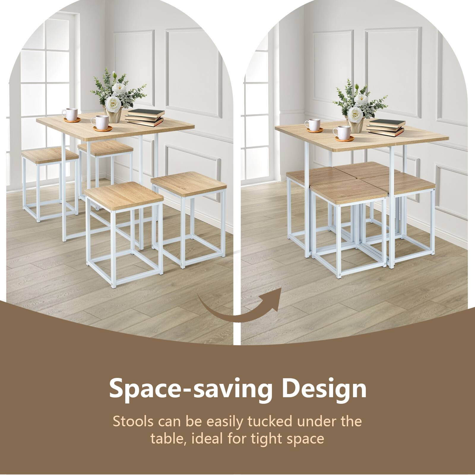 Space-saving Design
Stools can be easily tucked under the table, ideal for tight space