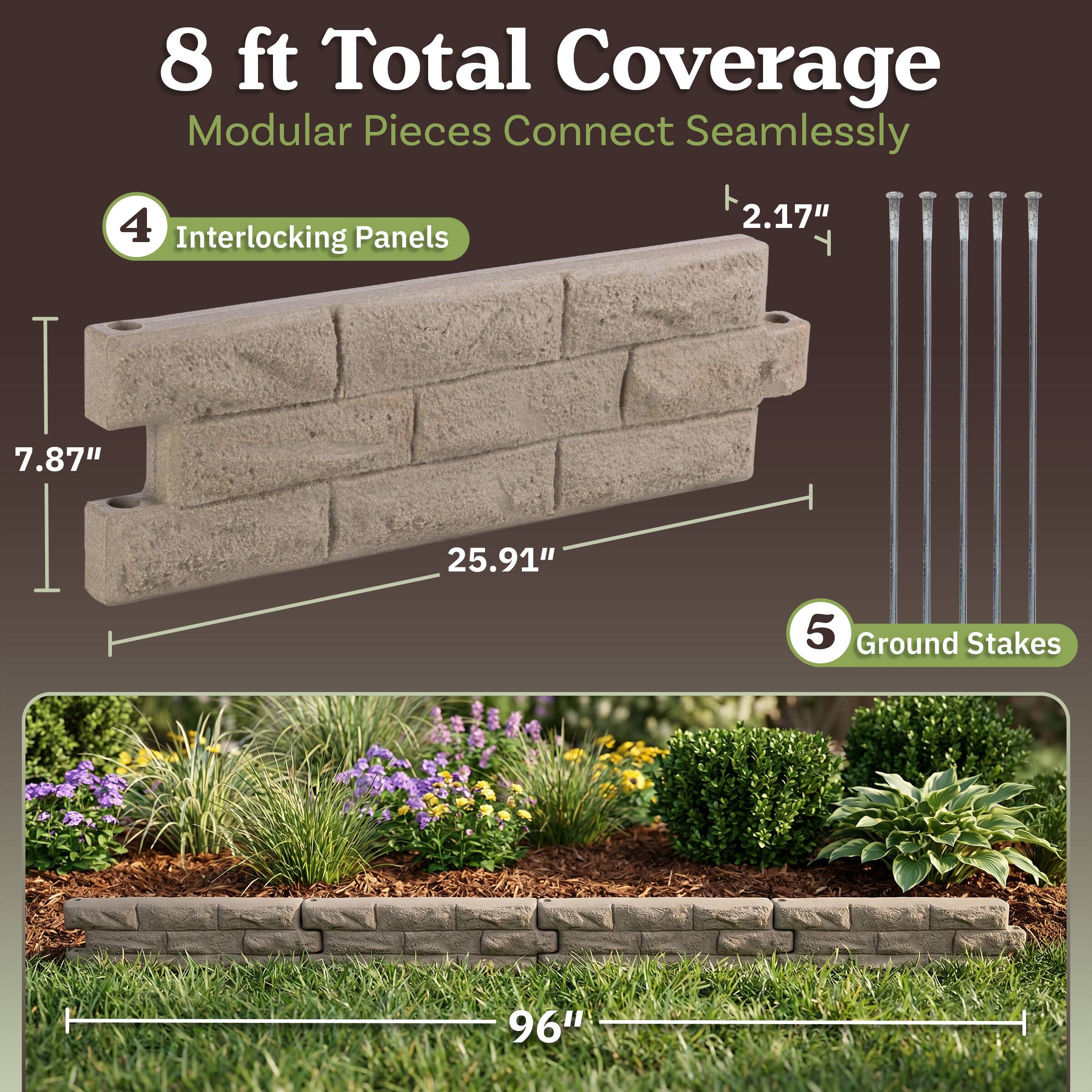 8 ft Total Coverage  
Modular Pieces Connect Seamlessly  

4 Interlocking Panels  
2.17"  
7.87"  
25.91"  

5 Ground Stakes  
96"