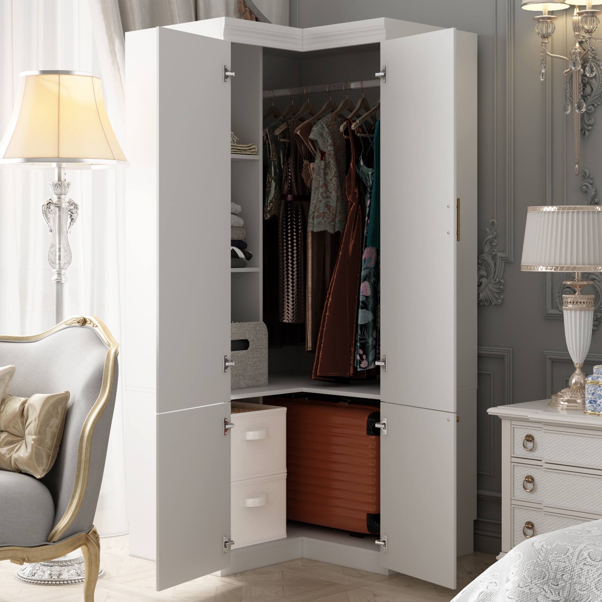 Angle. FUFU&GAGA - Space-Saving Corner Wardrobe – Large Capacity Closet for Bedroom Organization - White.