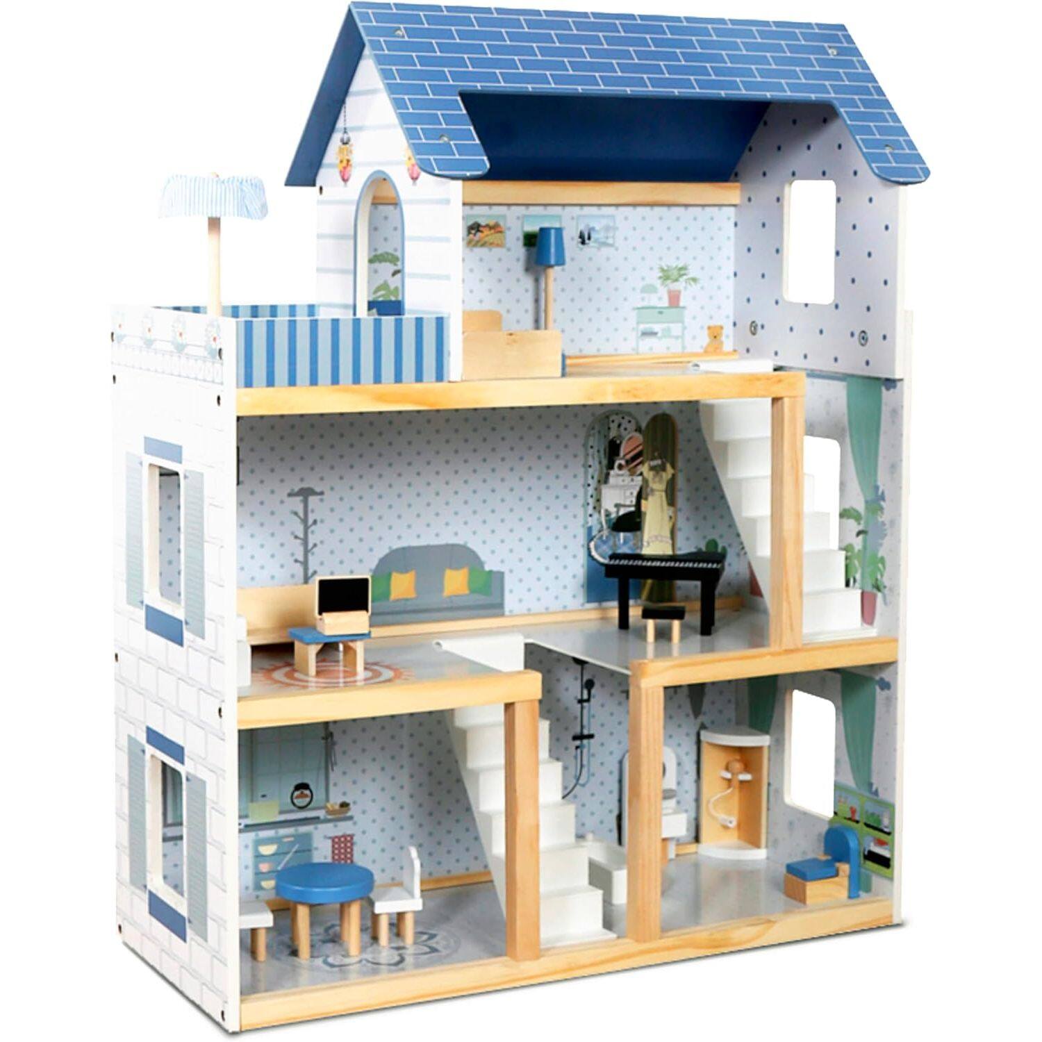 Lil' Jumbl - Kids Wooden Dollhouse, 3 Story Small Doll House with Stairs, Accessories & Furniture - Blue