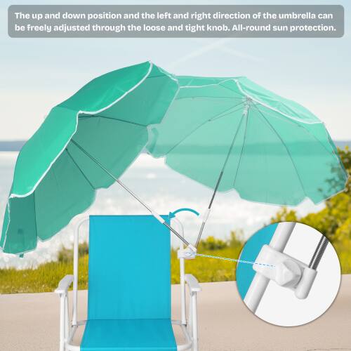 The up and down position and the left and right direction of the umbrella can be freely adjusted through the loose and tight knob. All-round sun protection.