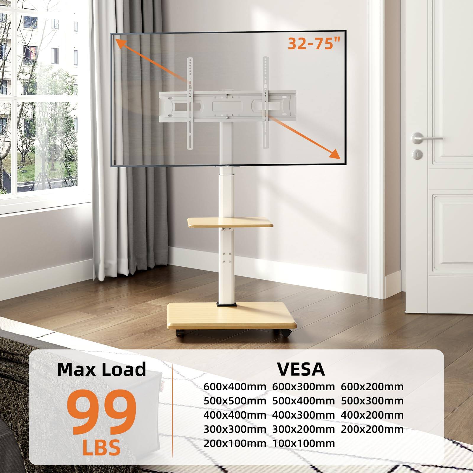 32-75"  
Max Load 99 LBS  
VESA  
600x400mm  
600x300mm  
600x200mm  
500x500mm  
500x400mm  
500x300mm  
400x400mm  
400x300mm  
400x200mm  
300x300mm  
300x200mm  
200x200mm  
200x100mm  
100x100mm