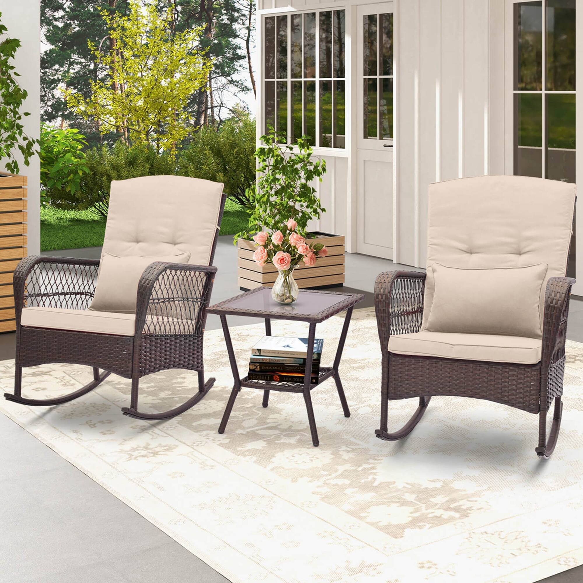 Alt View 1. Costway - 3 PCS Patio Rocker Set Outdoor Wicker Rocking Chairs with Double-Layer Coffee Table - Mix Brown + Beige.