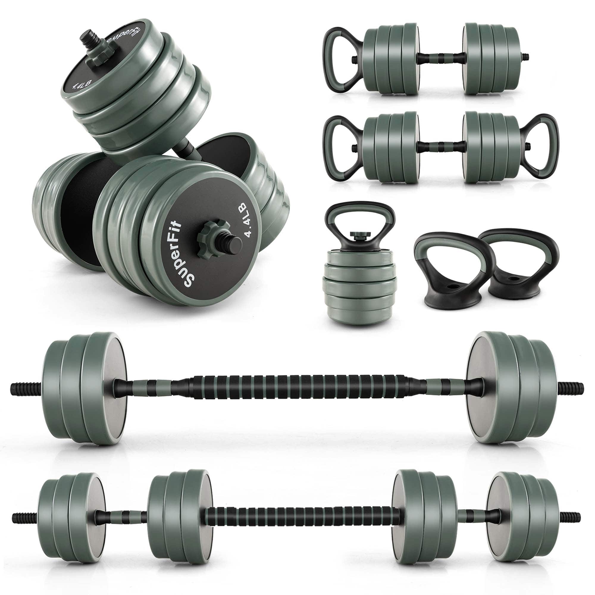 The image features a variety of green fitness equipment, including a set of dumbbells, a barbell, and a resistance band. The dumbbells are of different sizes, with one being larger and the other smaller. The barbell is also green and is accompanied by a resistance band. The equipment is arranged in a way that showcases the different pieces and their sizes, making it easy for viewers to understand the variety of fitness tools available.