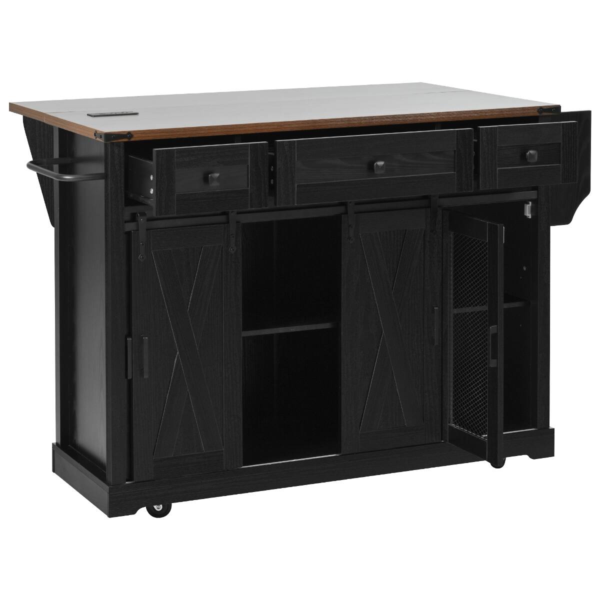 Alt View 2. Loheer - Loheer Farmhouse Kitchen Island with Drop Leaf and Sliding Barn Door, Rolling Kitchen Cart with Power Outlet, Black - Black.