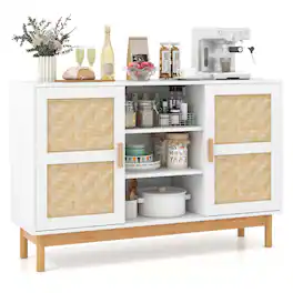 Costway - 48" Sideboard Buffet Cabinet with 2 Bamboo Woven Doors 3 Open Shelves for Kitchen - White
