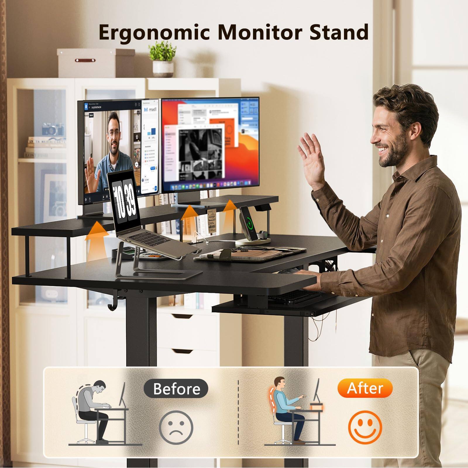 Ergonomic Monitor Stand - a man Before After