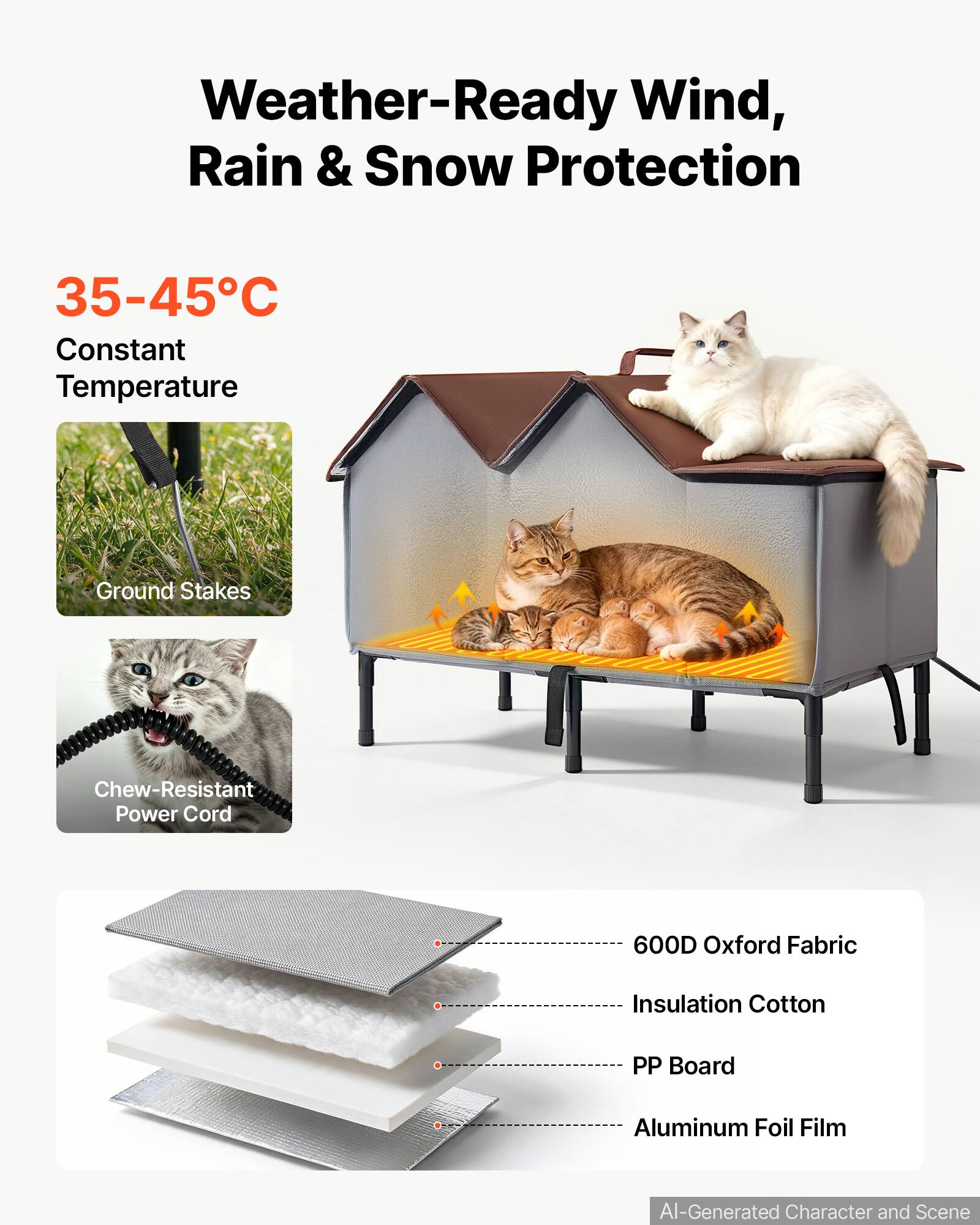 Weather-Ready Wind, Rain & Snow Protection

35-45°C Constant Temperature

Ground Stakes

Chew-Resistant Power Cord

600D Oxford Fabric

Insulation Cotton

PP Board

Aluminum Foil Film

AI-Generated Character and Scene