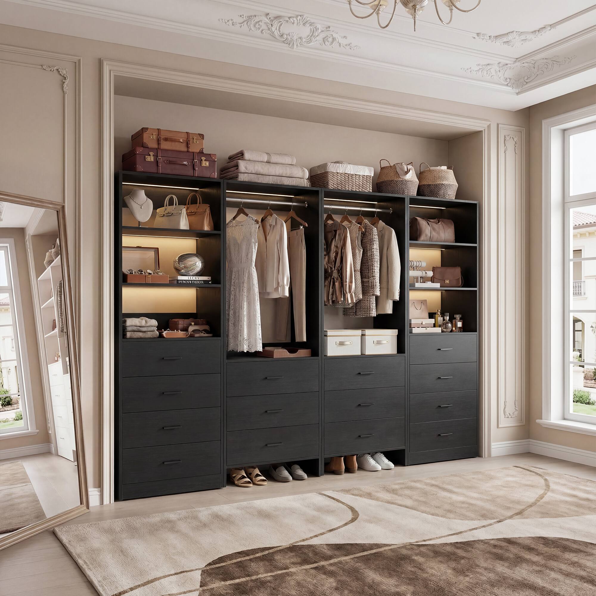 Alt View 2. Aheaplus - 90'' Walk-in Closet Organizer System with 14 Drawers, 2 Hanging Rods and Adjustable Shelves - Black.