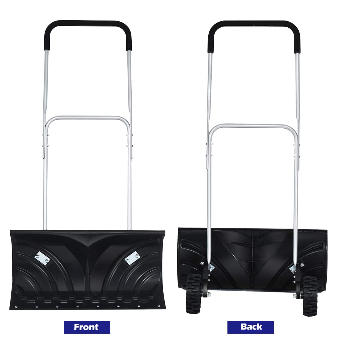 The image shows two shovels, one with a front view and the other with a back view.