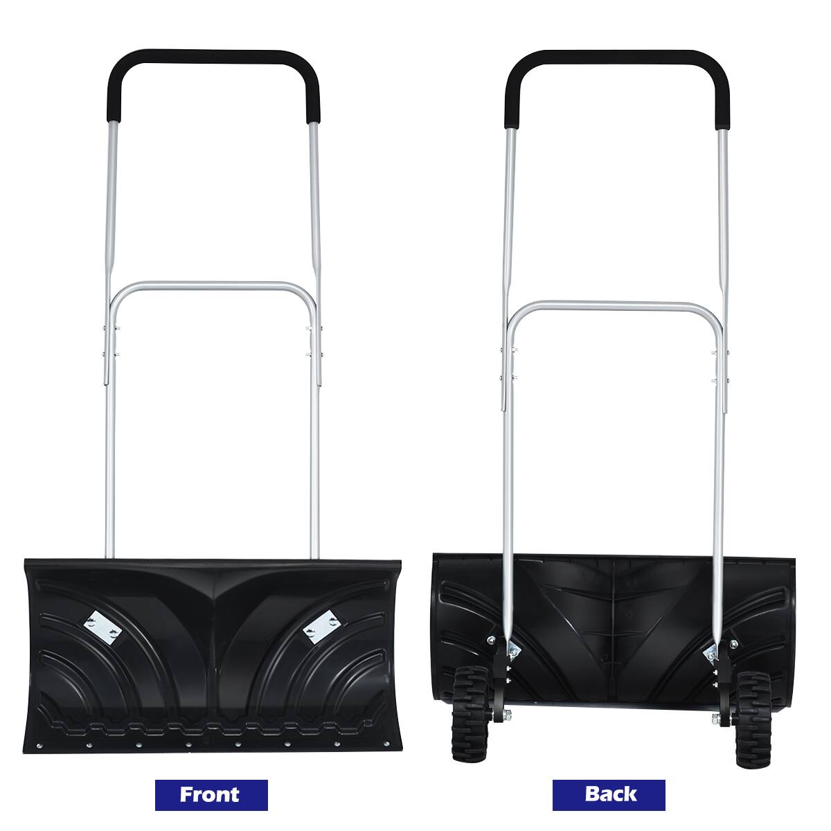 The image shows two shovels, one with a front view and the other with a back view.