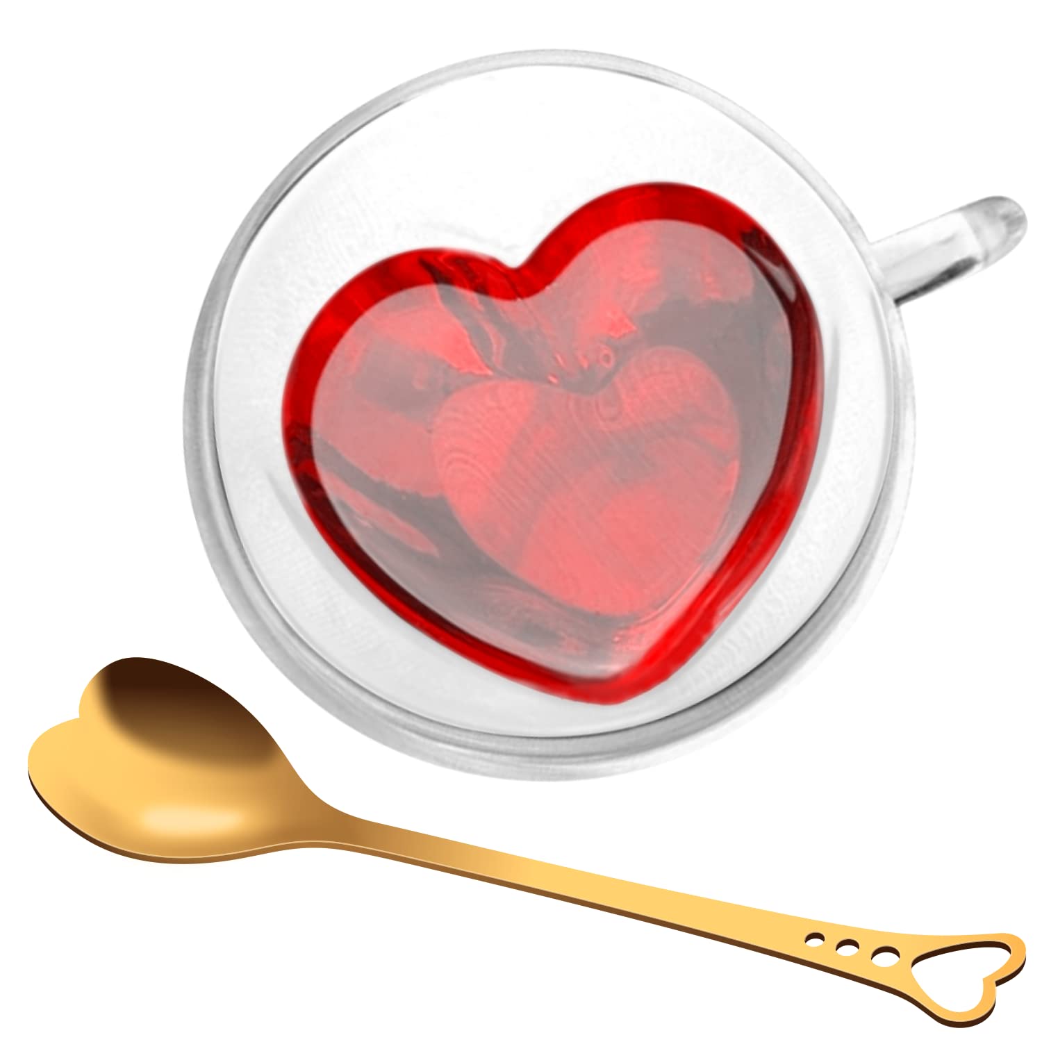 Left. Fabibe - Heart Shaped Cup - Double Walled Insulated Glass Coffee Mug Or Tea Wall 10oz (300ml) Clear & With Handle Teaspoon [CU... - Transparent-300.0 Milliliters.