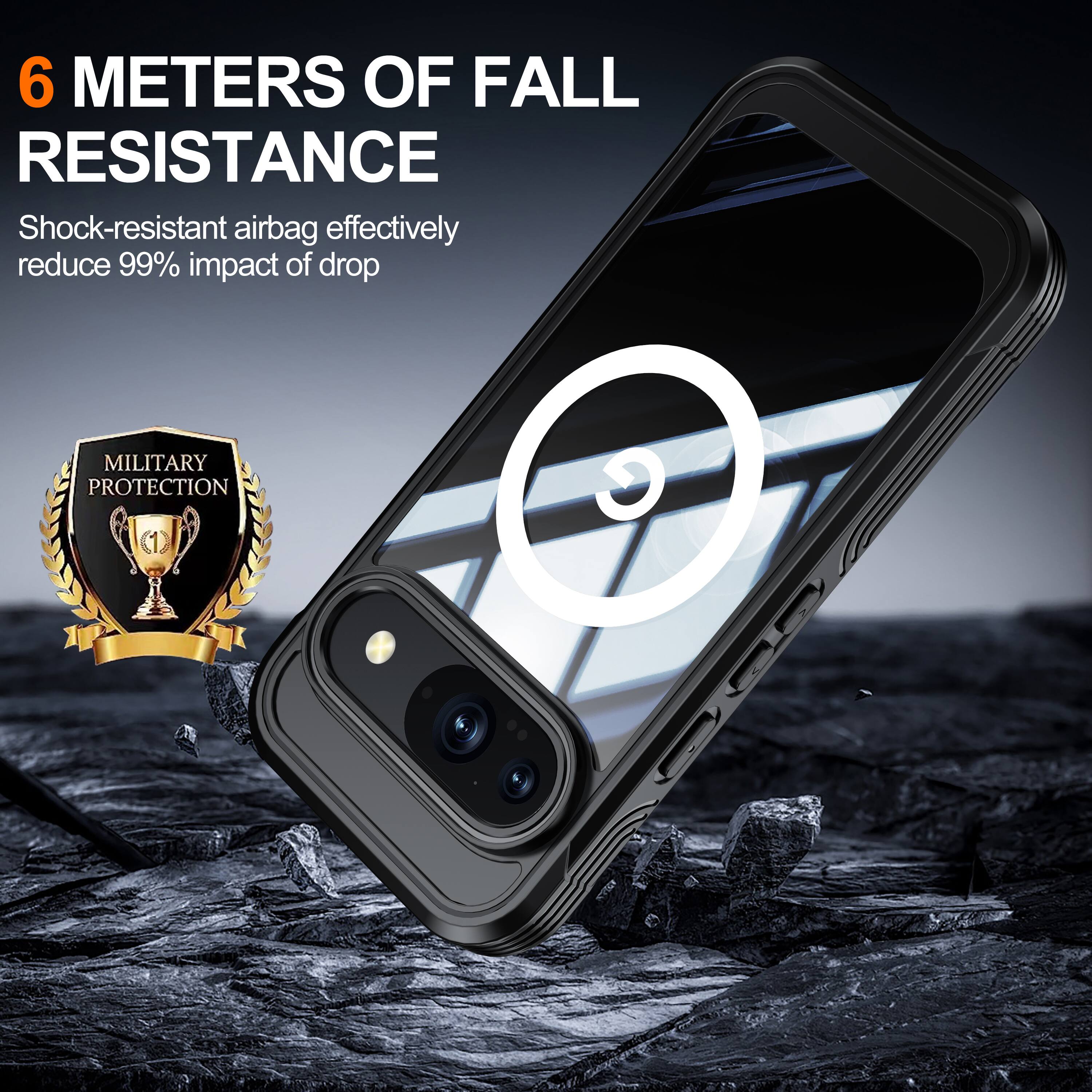 6 METERS OF FALL RESISTANCE  
Shock-resistant airbag effectively reduce 99% impact of drop  
MILITARY PROTECTION