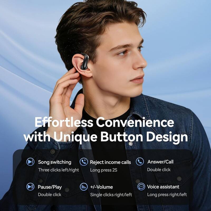 Effortless Convenience with Unique Button Design

- Song switching: Three clicks left/right
- Reject income calls: Long press 2S
- Answer/Call: Double click
- Pause/Play: Double click
- +/- Volume: Single clicks right/left
- Voice assistant: Long press right/left