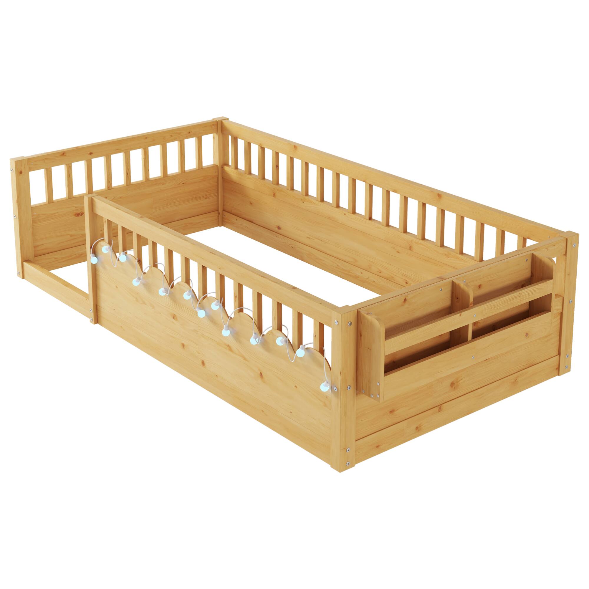 Alt View 7. GOODSILO - Twin Montessori Low Profile Floor Bed Frame with Safety Rails, LED Lighting and Storage Shelf for Children's Bedroom - Natural.