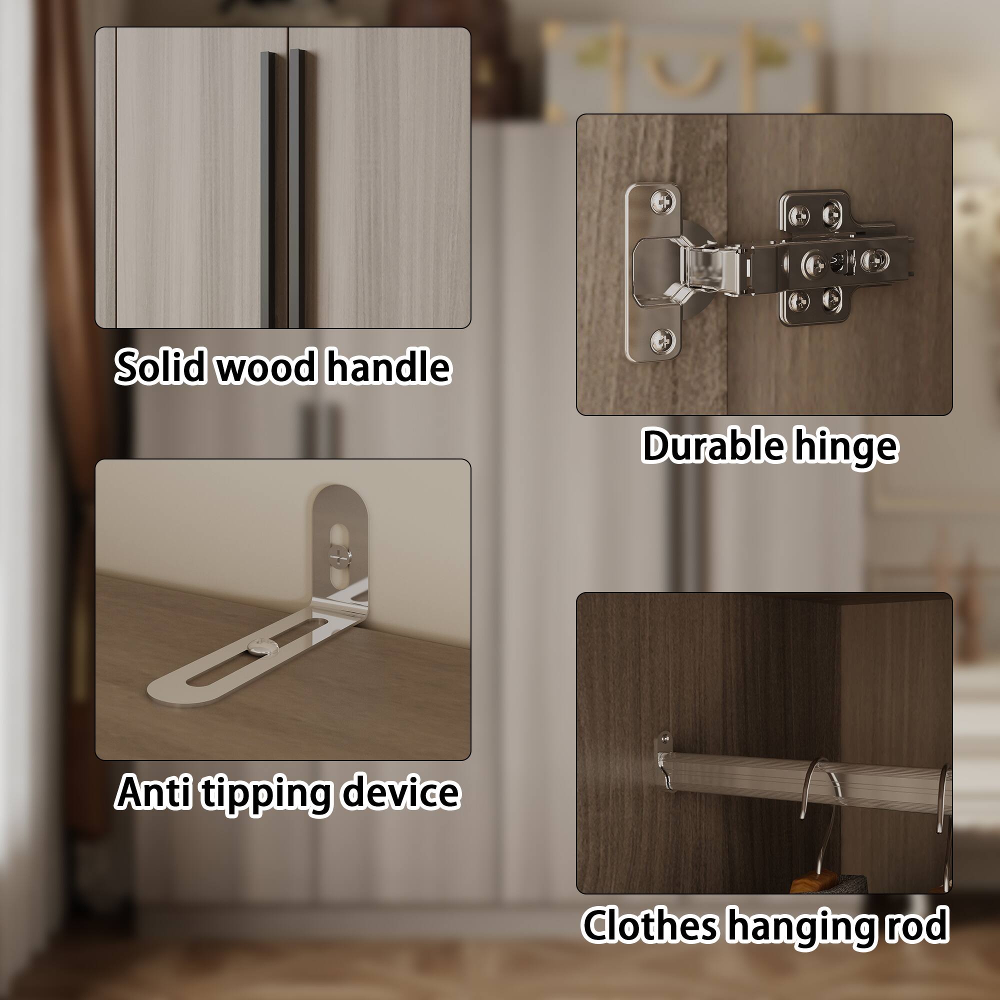 - Solid wood handle
- Durable hinge
- Anti tipping device
- Clothes hanging rod