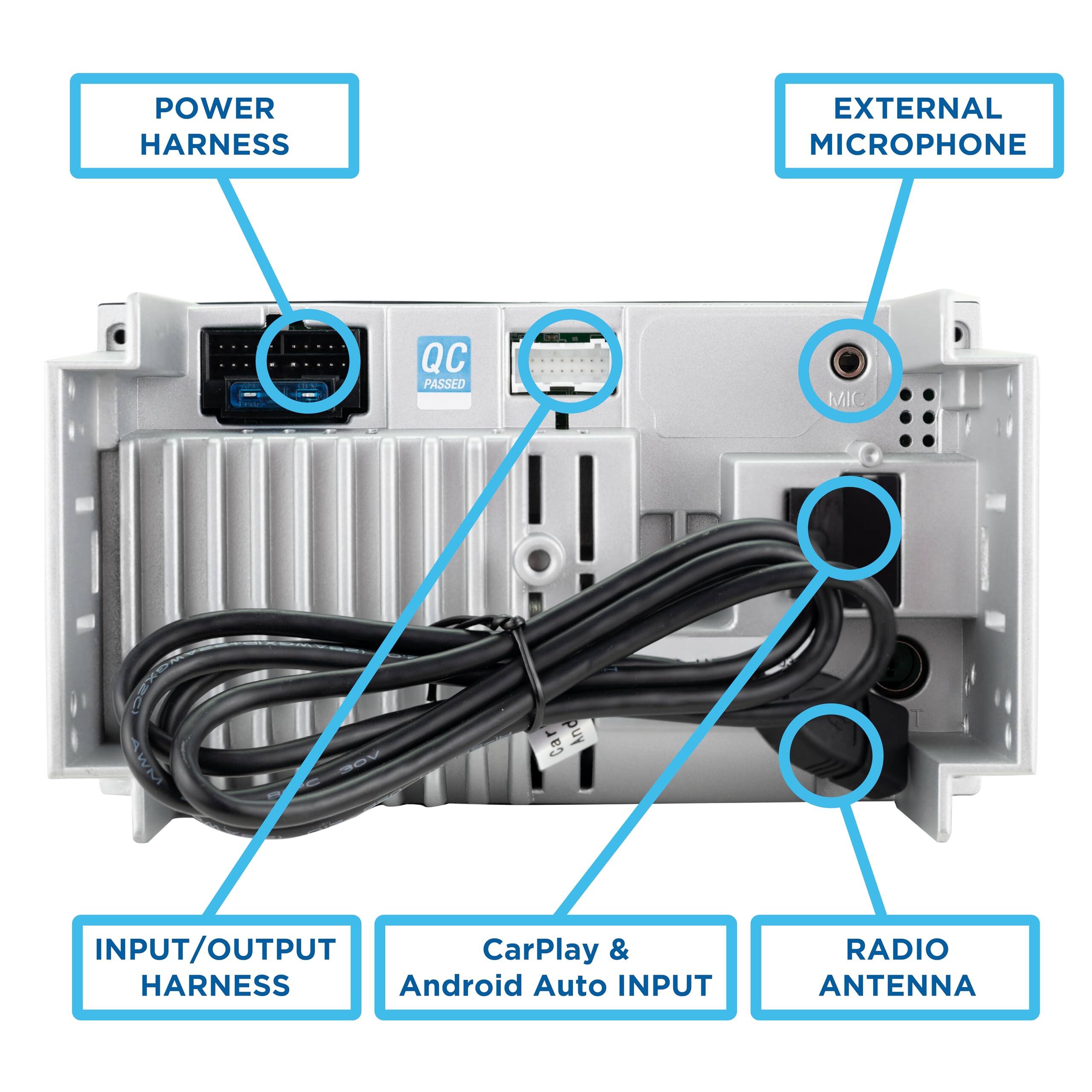 POWER HARNESS, EXTERNAL MICROPHONE, INPUT/OUTPUT HARNESS, CarPlay & Android Auto INPUT, RADIO ANTENNA