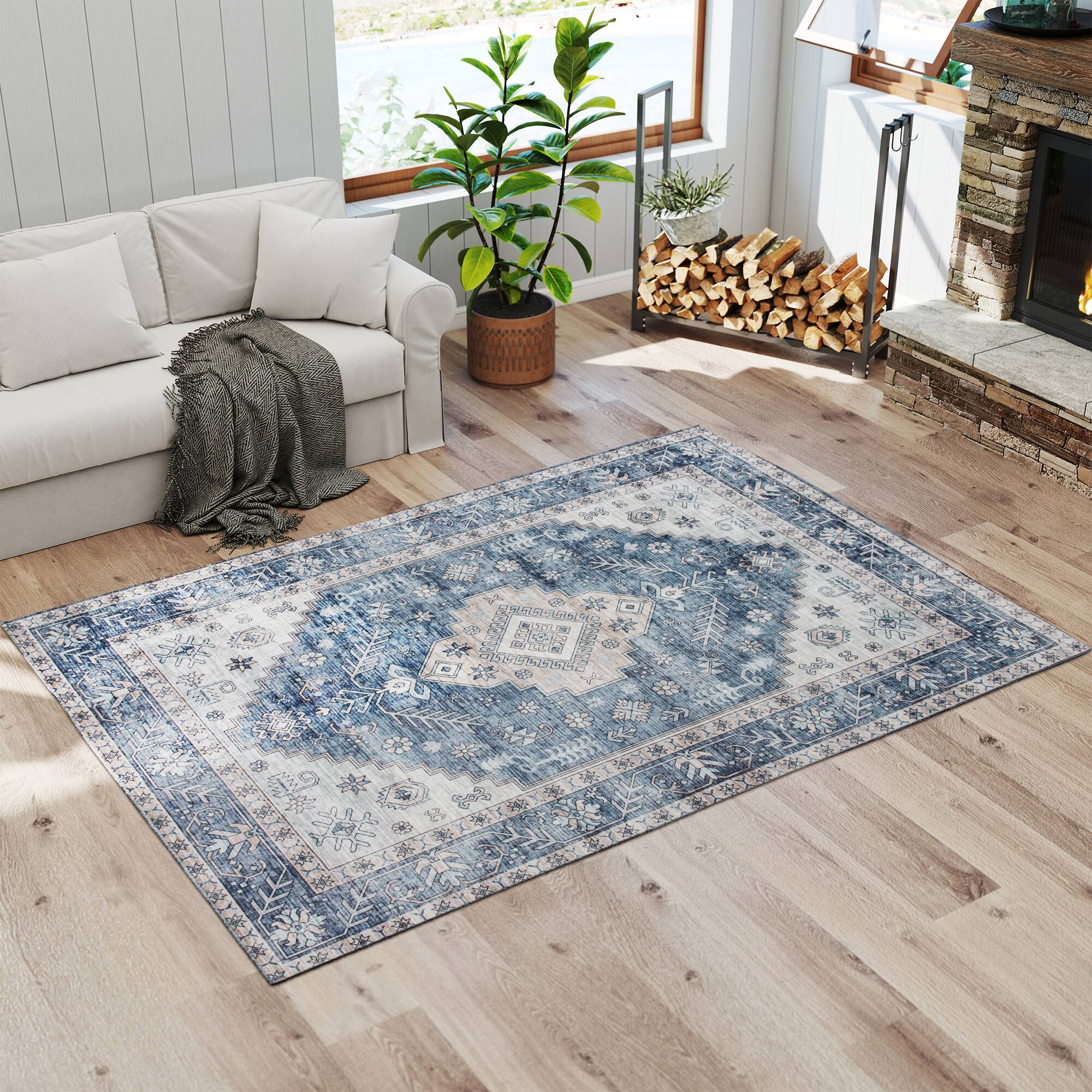 Alt View 9. Homcom - HOMCOM 5x7 Mach-Wash Rug: Vintage Non-Slip Blue Distress Carpet, Indoor Boho Area Living Room - Blue.